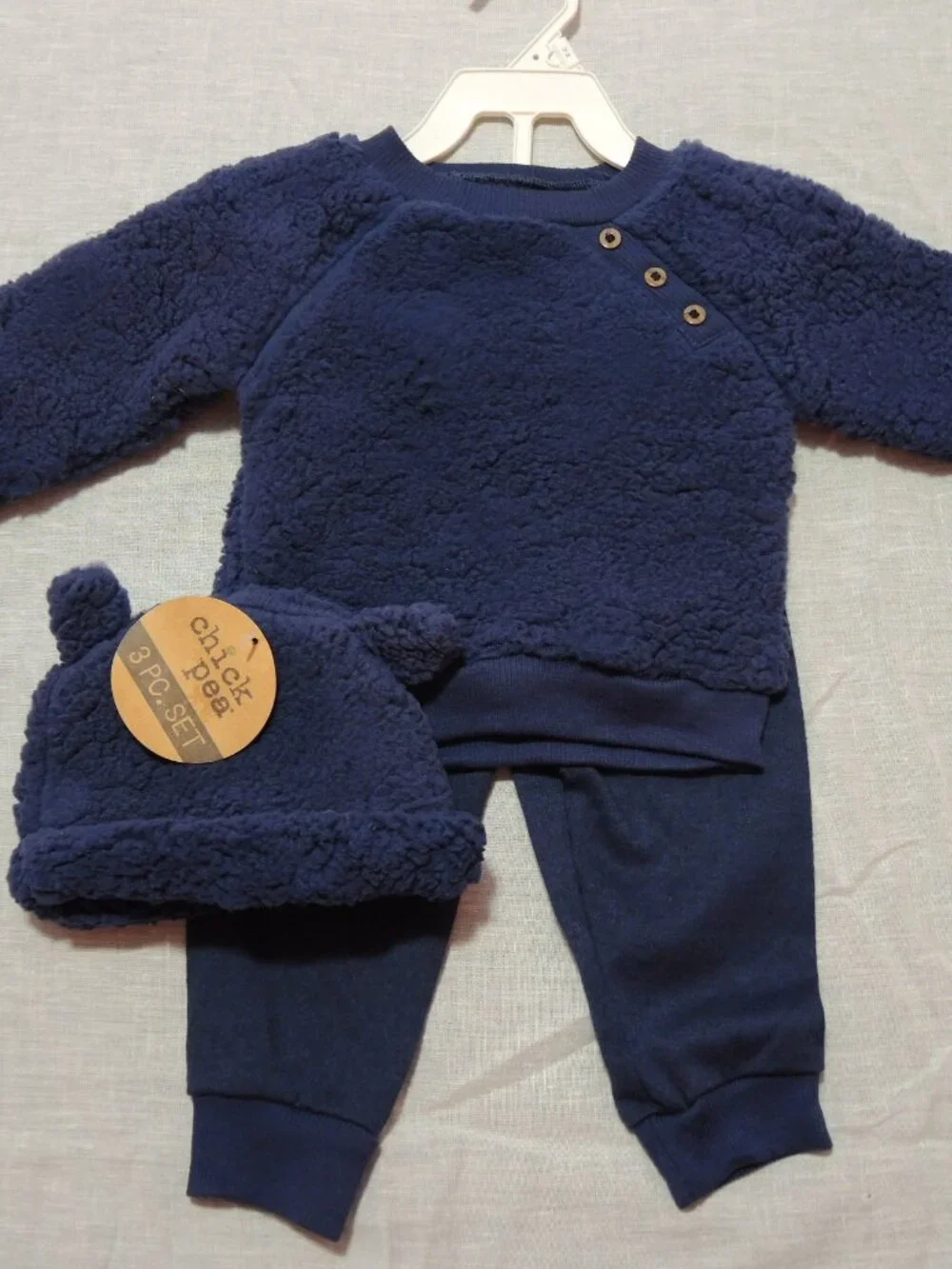 NWT Baby 3 Pc Fleece Sweat Outfit w/ Hat Dark Navy Blue Size 12 Months Chick Pea